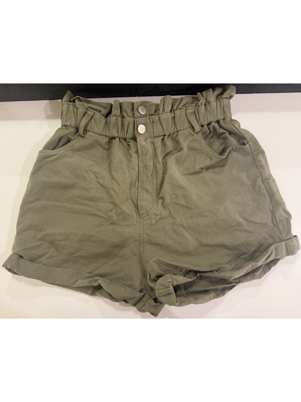 AQUA: High-Waisted Green Paperbag Shorts (Medium) (100% Cotton)